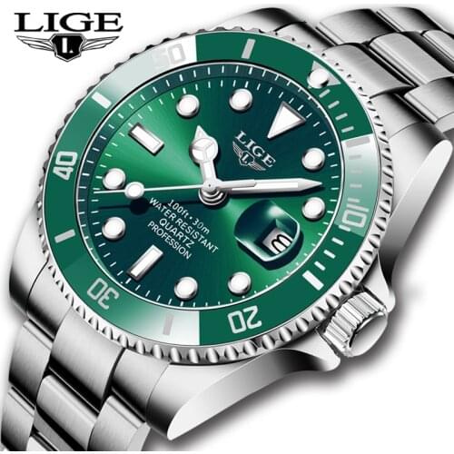 LIGE Top Brand Luxury Men Quartz Watches Waterproof Date Clock Male Sport Watch For Men Green Wrist Watch Relogio Masculino+Box
