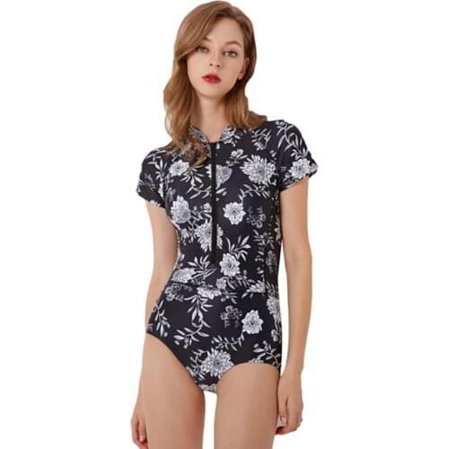 Womens Zip Front Printed Half Sleeve/Short Sleeve UV Protection One Piece Swimsuit