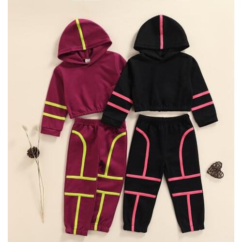 FOCUSNORM 2pcs Autumn Kids Girls Casual Clothes Set Color Patchwork Hooded Pullover Tops Elastic Waist Pants 1-5Y