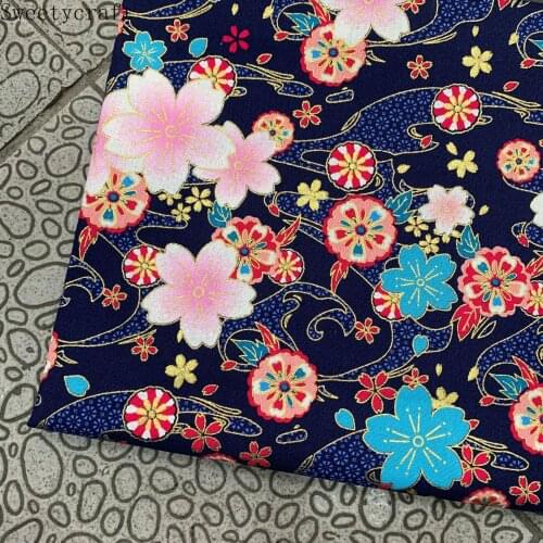 Japanese style Kimono 100% cotton fabric Blue Flora Bronzed print cheongsam cloth for dress Patchwork textile material 150*100cm