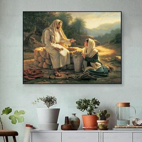 Classic Jesus and the Samaritan Woman Oil Painting on Canvas Figure Posters and Prints for Study Living Room Home Decor Cuadros