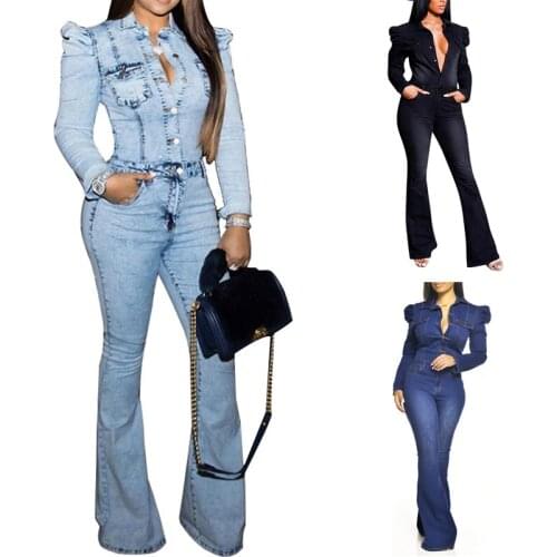 IMCUTE Women Denim Jumpsuit Long Sleeve Casual Rompers Lady Streetwear Overalls Pockets Playsuit Bodysuit Slim Wide Leg Jumpsuit
