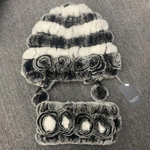 Winter natural fur hat ring scarf set stylish flowers neck warmer soft rex rabbit fur hats