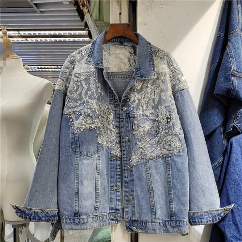 Streetwear Fashion Net Yarn Splicing Denim Jackets Women Loose Outerwear Diamonds Sequins Embroidery Short Jeans Jacket Female
