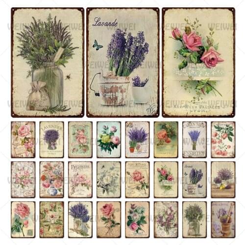 Lavender Rose Metal Sign Vintage Plate Flower And Plant Potted Tin Poster For House Garden Flower Shop Club Decoration