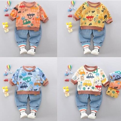 Baby Fashion Clothes Kids Clothes 2pcs Set Cartoon Car Print Long Sleeve Sweater Tops+jeans Winter Baby Boy Clothes Sets 0-24M