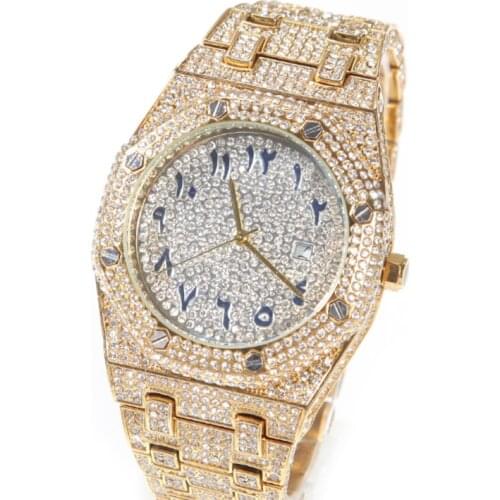 Hip Hop Full Iced Out Men Watches Stainless Steel Mechanical Luxury Rhinestones Quartz Square Wristwatches Business Watch