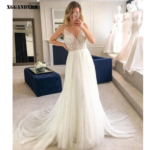 Charming Wedding Dress 2022 Tulle A-Line Bride dress White V-Neck Spaghetti Straps Sequined Chapel Train Plus size