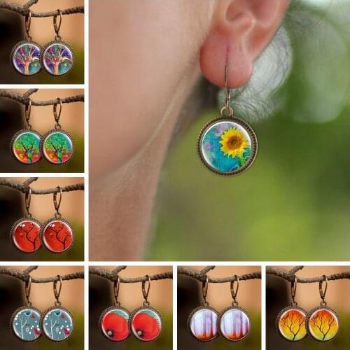 Tree of Life Earring Sunflower Earrings Fashion Personality Dangle Earring Glass Dome Pendant Art Handmade Gift for Women Girls