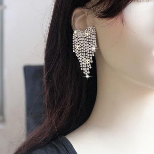 Luxury Rhinestone Tassel Earrings For Women Elegant Big Crystal Heart Drop Dangle Earrings Wedding Earring Jewelry Accessories
