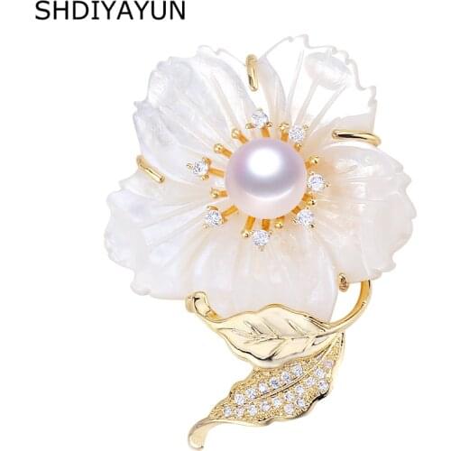 SHDIYAYUN 2019 Pearl Brooch For Women Natural Seashell Flower Brooches Pins Natural Freshwater Pearl Fine Jewelry