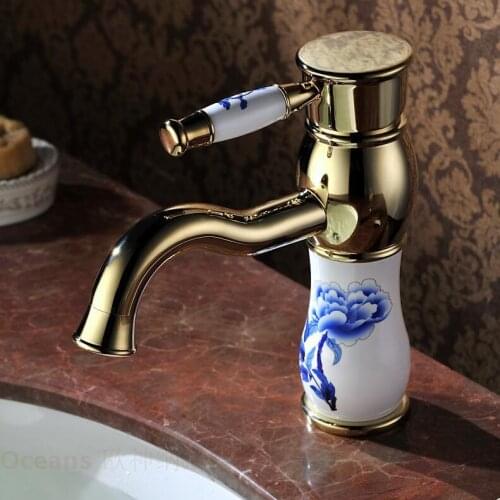 Brand new blue and white porcelain gilt whole European copper hot and cold water basin mixer taps genuine antique retro-grade