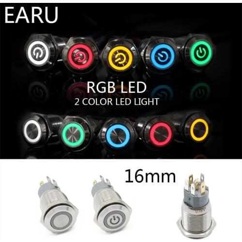 16mm 2 Dual Color RGB LED Light Switch Momentary Self-reset Latching Fixation Waterproof Metal Push Button Switch Power 3-380V