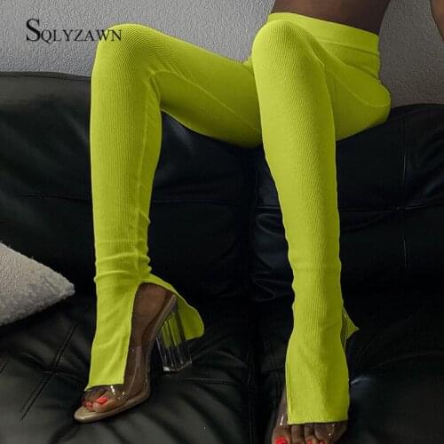 Knitted Sweatpants Women Flare Pants Lady Stacked Joggers Leggings High Waist Trousers Split Bell Bottom Pants Female Streetwear