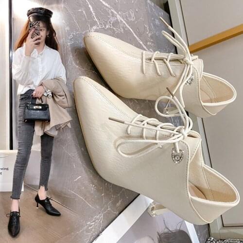 Autumn Women Shoes Pumps Platform High Heels Shoes Pointed Toe Cross Tied Black Heels 6.5cm Party Shoes White Wedding Shoes