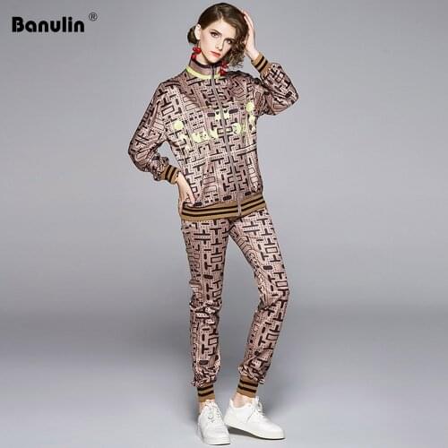 Spring Autumn Runway Luxious Printed Pants Suit Womens Loose Zipper Up Jacket Coat + Elastic Waist Trousers Two Piece set