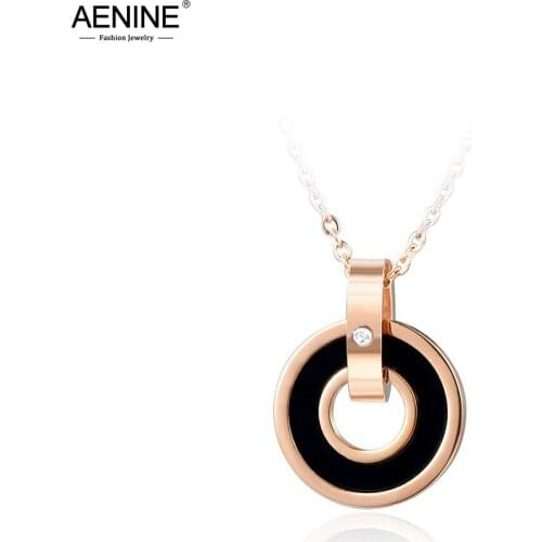 AENINE Black/Pink Acrylic Double Circle Pendant Necklaces Jewelry Rose Gold Stainless Steel Choker Jewelry For Women AN17036
