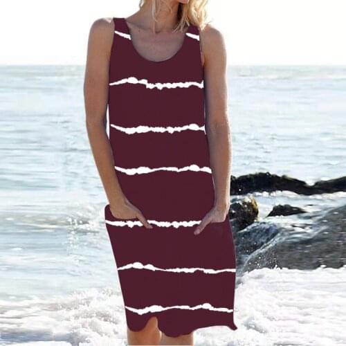 2021 Women Summer Dress Casual Striped Sleeveless Loose Knee Length Tank Dress O Neck Pocket Party Beach Dresses Plus Size S-5XL
