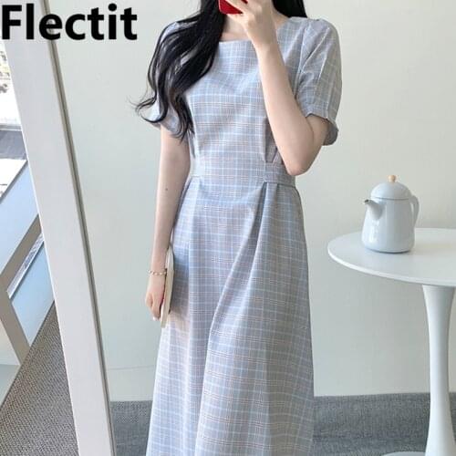 Flecti Womens Vintage Plaid Long Dress With Self Tie Suqare Neck Short Sleeve Flowy Dress