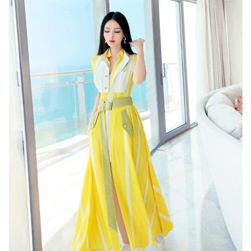 Women 2021 Summer Vintage Dress Female Striped A-line Print Boho Beach Dresses Sleeveless Office Shirt Dress Long Vestidos Z81