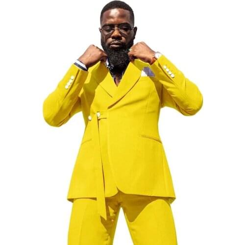 2020 New Fashion Design Yellow Double Breasted Mens Slim Fit Formal Suits For Men Custom Made Wedding Tuxedos Suits Set