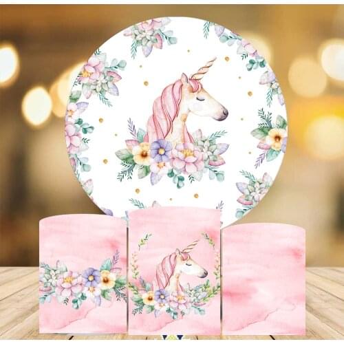 Unicorn Flower Animal Circle Round Background Baby Shower Birthday Party Banner Candy Table Plinth Cover Elastic Photoshoot 1034