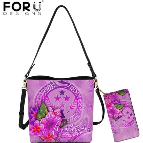FORUDESIGNS New Style Women Handbag And Purse 2pcs Kosrae Tribal Plumeria Hibiscus Print Lady Shoulder Bags Pu Leather Purse