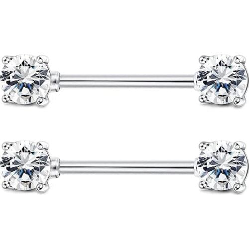 925 sterling silver Nipple Rings Barbell Crystal Ball Piercing Nipple CZ Tongue Rings 14G 2pcs/lot