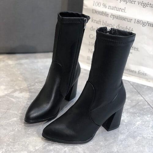 Fashion Designer Luxus Boots Pointed Toe Women Boots Black Shoes Flock 7CM Square Heel Winter Shoes Women High Boots Bote Femme