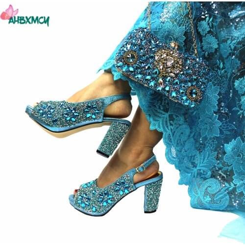 Fashionable Comfortable Heels Shoes Matching Bag in Sky Blue Color Specials Design for Evening Derss