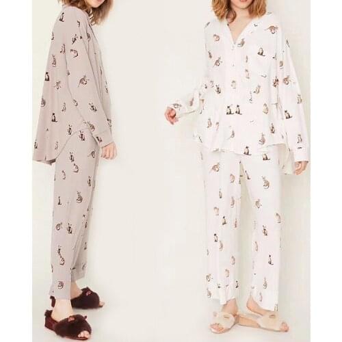 Japanese Model Cotton Cute Cat Print Pajamas Set Turn-down Button-up Long Sleeve&trousers Home Suit Soft Comfort Sleep Wear