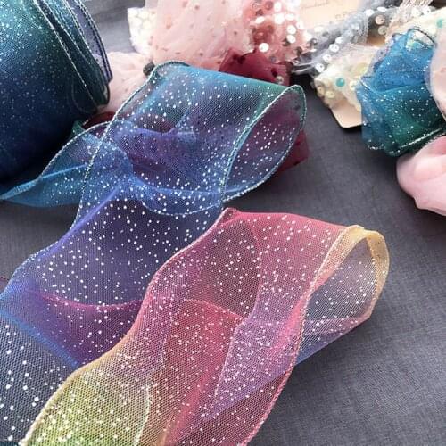 8cm*20m Gradient Translucent Wavy Yarn With Shining Cтразы Strass Rhinestones Spot Ribbon For Wedding Bouquet Packaging DIY