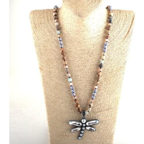 MD Fashion Bohemian Tribal Jewelry Multi Stone Beige Glass Long Knotted Dragonfly Pendant Necklaces
