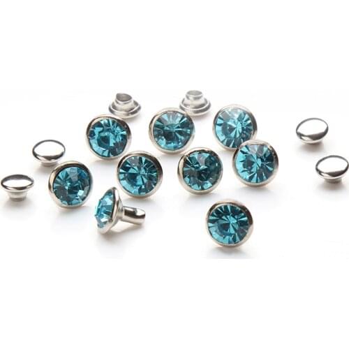 100Sets 6mm&8mm Aquamarine Crystal Rhinestone Rivets Studs Silver Metal Base for Clothing Bag Leathercraft Rivet