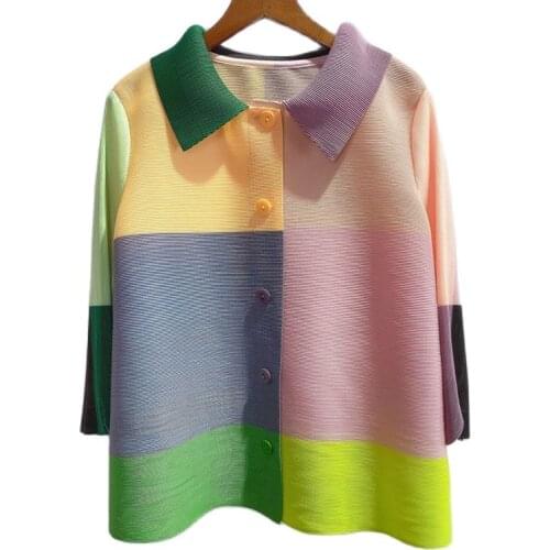 Women Jacket 2021 Female Spring Summer Fall Coat Femme High-end Miyake Fold Color Matching Single-Breasted Coat Plus Size Top A