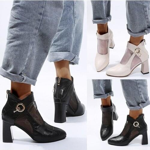 2021 New Ladies Boots Net Boots Square Toe High Heel Zipper Boots Ladies Sexy Black Lace Square Heel Ankle Boots 35-43