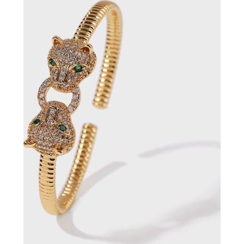 Punk Style Fashion Animal Double Head Leopard Bangles For Women High Quality Gold Color Copper Metal CZ Zircon Cuff Bracelets