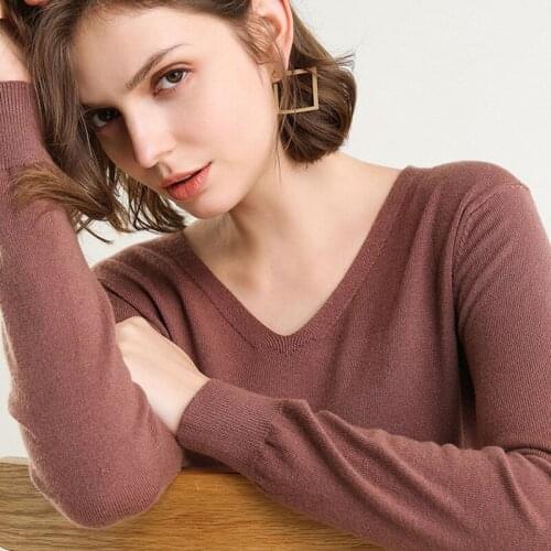 FNOCE 2020 winter new womens pullover sweater fashion casual solid long sleeve v-neck loose slim thin soft sweaters