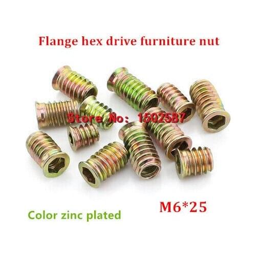 20pcs/lot M6*25 Color Zinc Coated Flange Hex Drive Head Furniture Nut Internal External Thread Screw For Wood Insert Nut