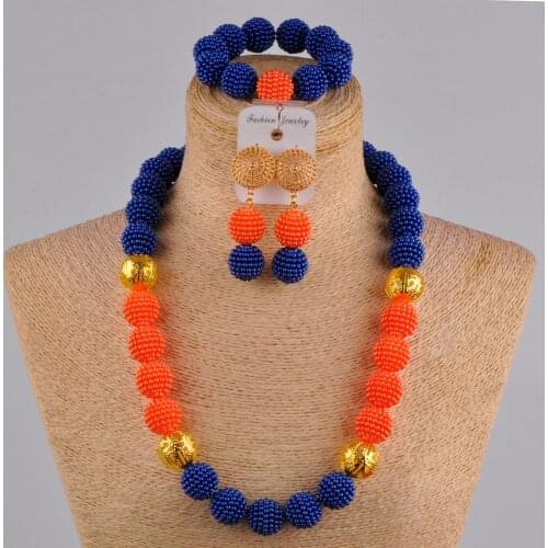 24 inches royal blue orange simulated pearl african necklace nigerian wedding beads jewelry set FZZ14