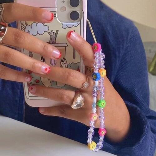 Harajuku Rainbow Sun Flower Smiley Phone Chain Charms Cartoon Handmade Nostalgic Vintage Keychains Accessories Women Gifts 2021