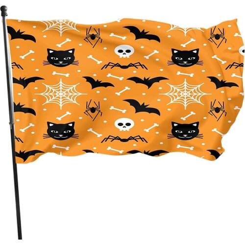Black Bat Flag 3X5 Ft Skull Spider Cat Halloween White Bone Vivid Color Banner Sign For Yard Indoor Hanging Decor Orange