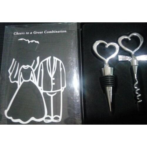 Hot sell 200pcs=100sets/lot Cheers to a Great Combination Wine Bottle Corkscrew and Stopper Sets Wedding souvenirs