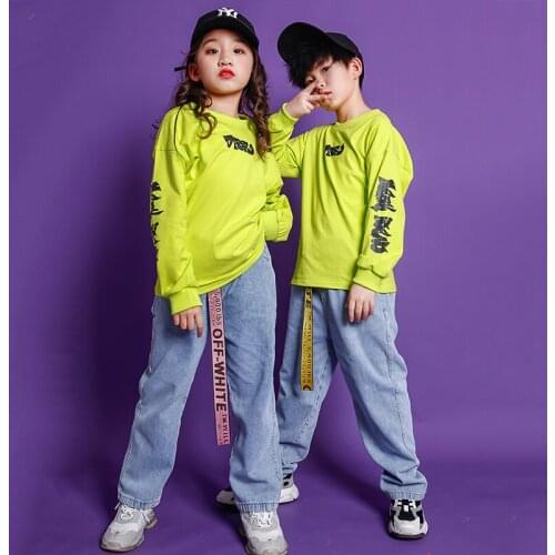 Children Hip Hop Festival outfits Green Sweatshirt Casual Pants For Girl Boys Jazz Dance Costume Clothes Wear Kids rave clothes