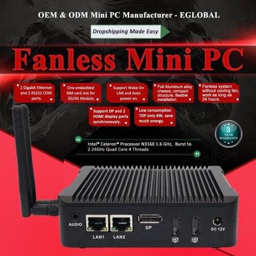 EGLOBAL Fanless Mini PC Celeron N3160 Mini Computer 2 LAN 2 COM 2 HD Low Power Pocket PC WIFI Bluetooth Win 10 Pro TV Box