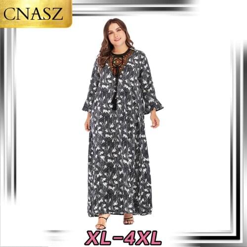 Muslim Large Size Women Islamic Turkey Fashion Embroidery Beaded Ribbon Lace Print Dress Moroccan Middle East Loose Dress Dubai