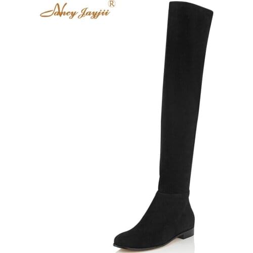 New Black Grey Suede Round Toe Flat Heels Knee High Long Women Boots Fashion Shoes Woman Zapatos Botas Mujer Plus Size 4-16