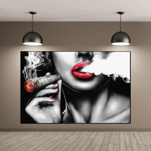 Modern Retro Big Red Lips Smoking Character Wall Painting Female Canvas Painting Home Decoration Art Living Room Bedroom Poster