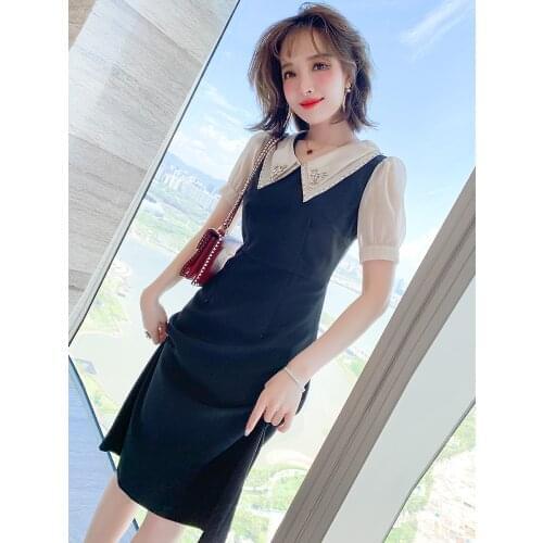Nail bead double lapel stitching color sleeve dress summer new