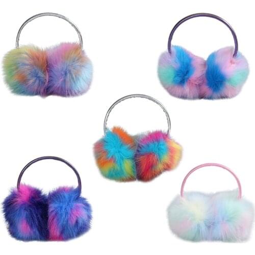 Women Girl Fur Plush Ear Warmer Muffs Headband Cartoon Earlap Iridescent Gradien
